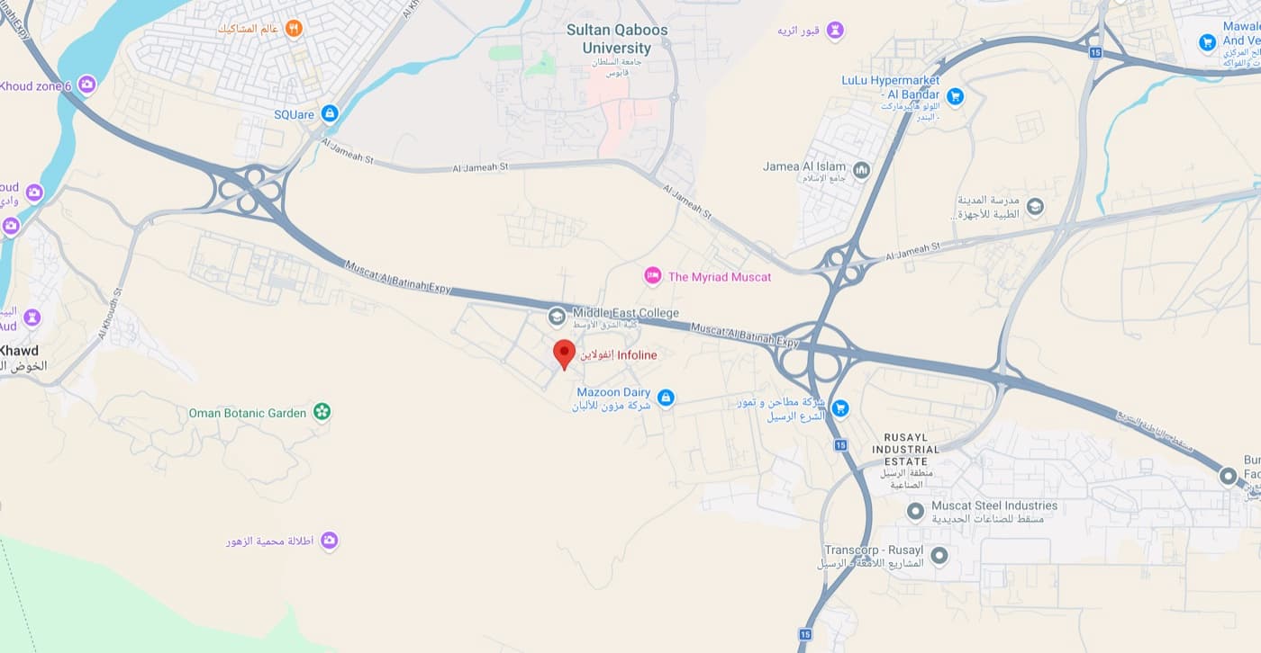 Map showing the Infoline head office in Knowledge Oasis, Al Rusayl, Muscat